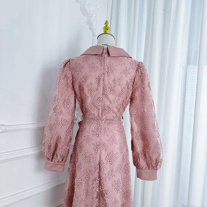 Elegant Embroidered Mesh Double Button Midi Dress