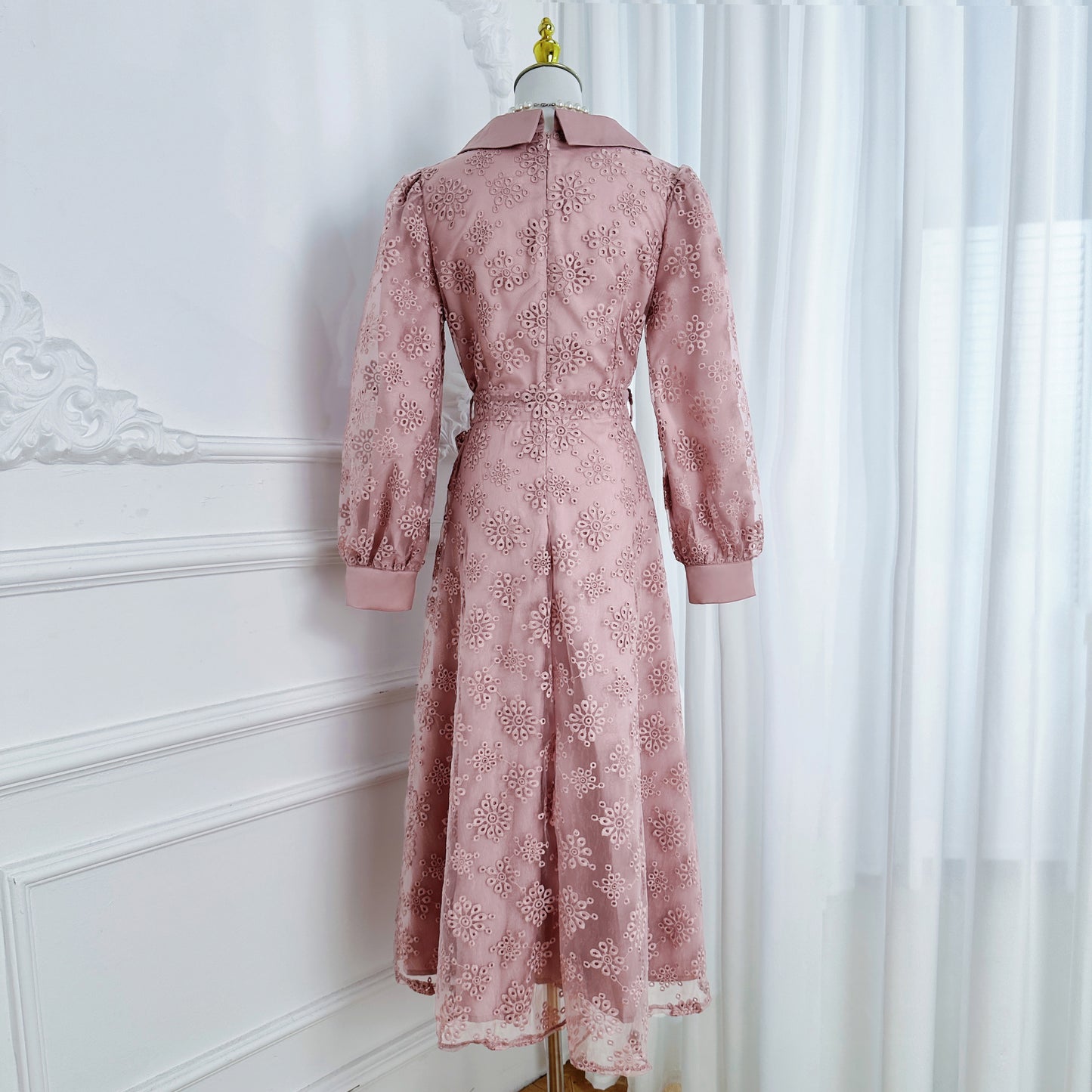 Elegant Embroidered Mesh Double Button Midi Dress