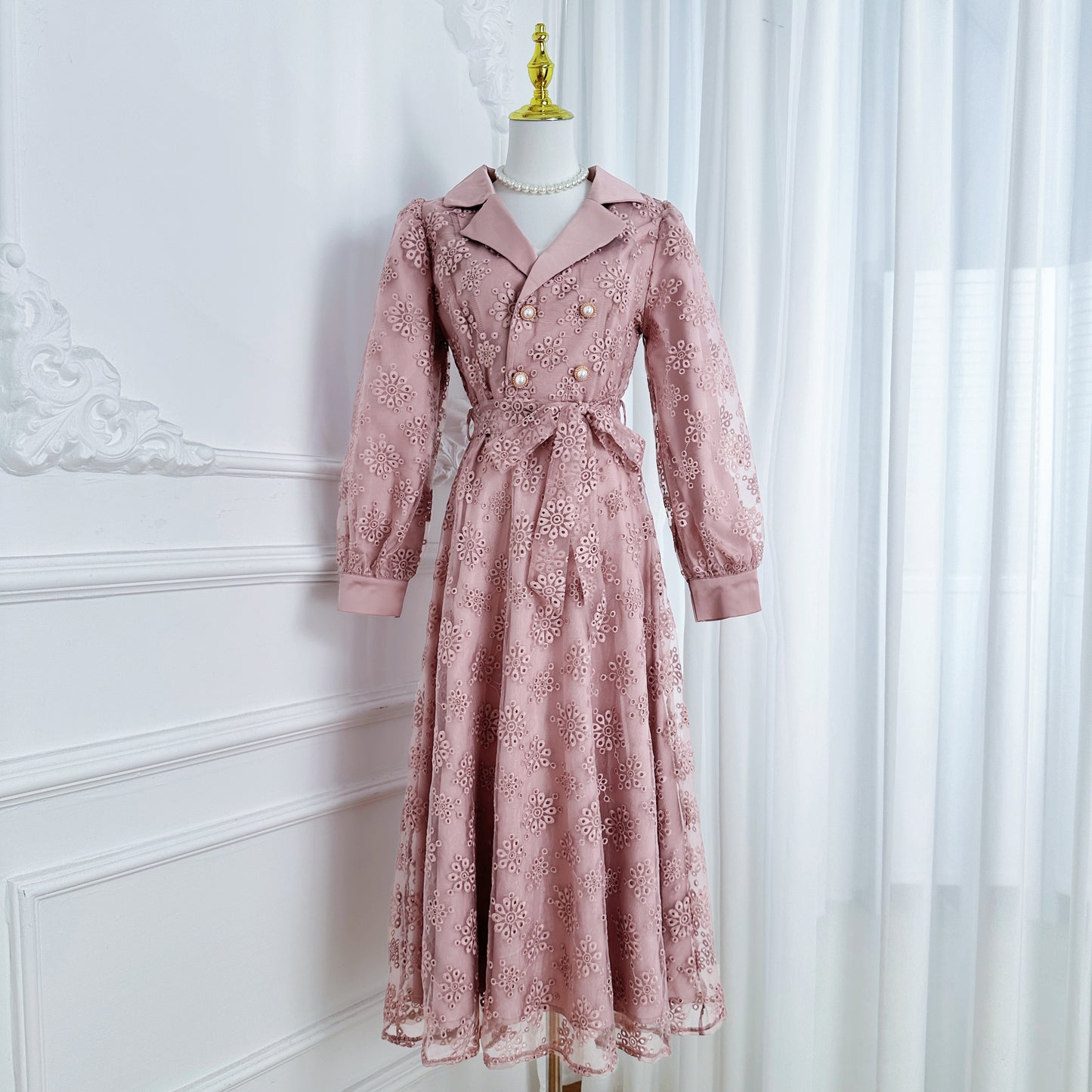 Elegant Embroidered Mesh Double Button Midi Dress