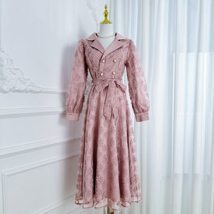 Elegant Embroidered Mesh Double Button Midi Dress