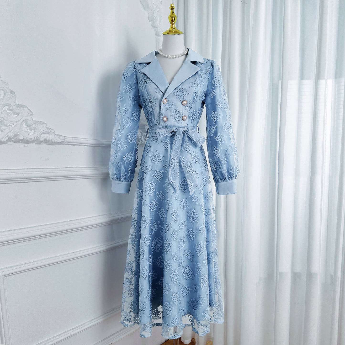 Elegant Embroidered Mesh Double Button Midi Dress