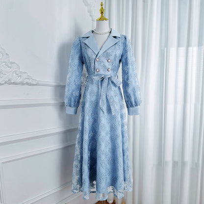 Elegant Embroidered Mesh Double Button Midi Dress