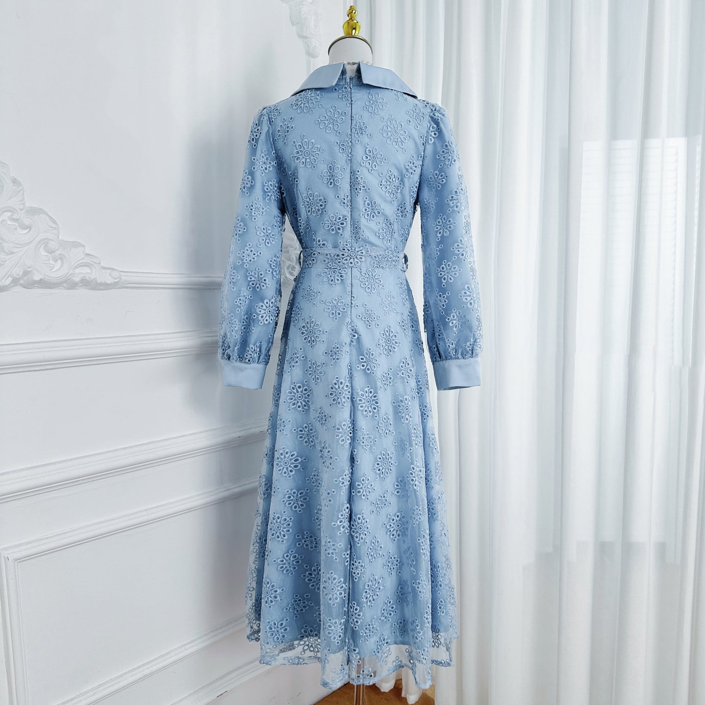Elegant Embroidered Mesh Double Button Midi Dress