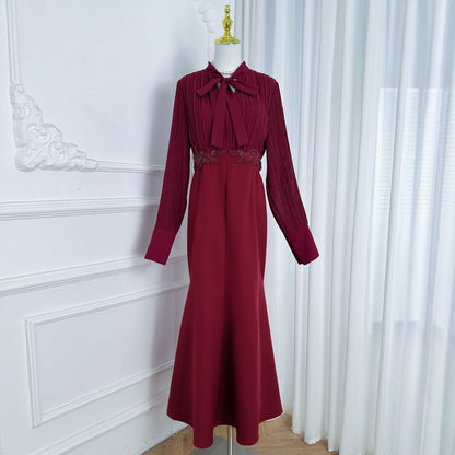Women's Tie Neck Pleated Shirts Bodycon Fishtail Dress - LAI MENG FIVE CATS
