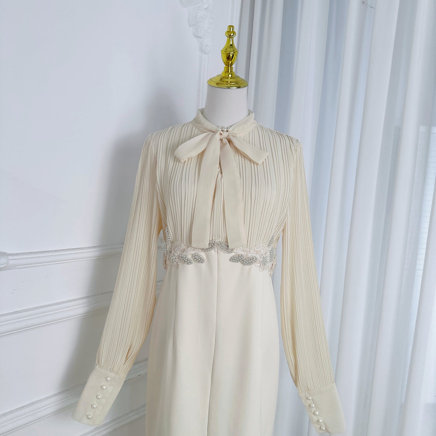 Women's Tie Neck Pleated Shirts Bodycon Fishtail Dress - LAI MENG FIVE CATS