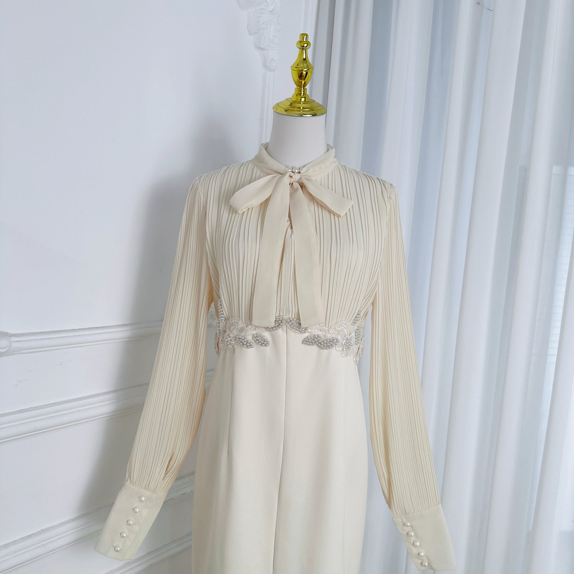 Women's Tie Neck Pleated Shirts Bodycon Fishtail Dress - LAI MENG FIVE CATS