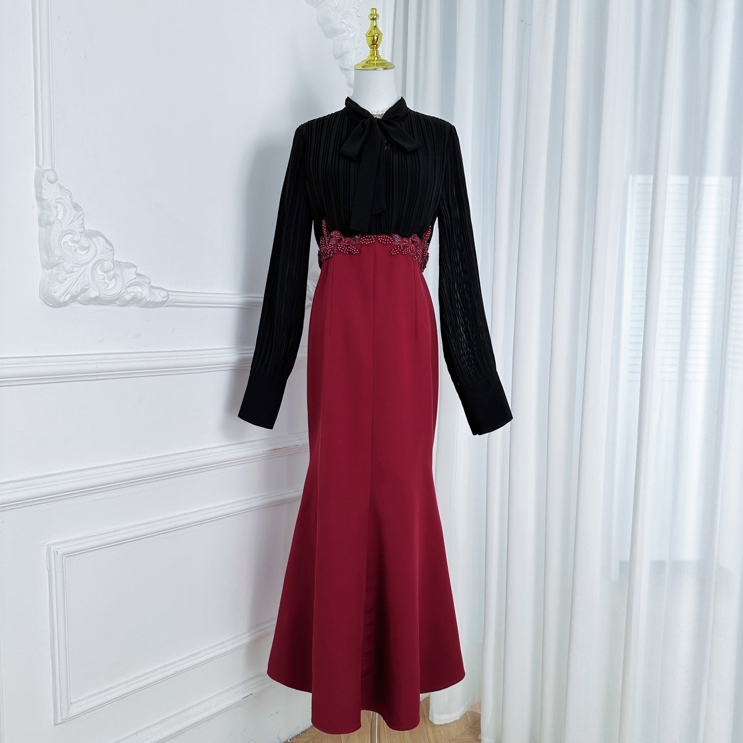Women's Tie Neck Pleated Shirts Bodycon Fishtail Dress - LAI MENG FIVE CATS