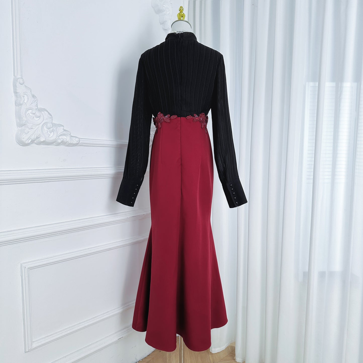 Women's Tie Neck Pleated Shirts Bodycon Fishtail Dress - LAI MENG FIVE CATS