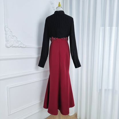 Women's Tie Neck Pleated Shirts Bodycon Fishtail Dress - LAI MENG FIVE CATS