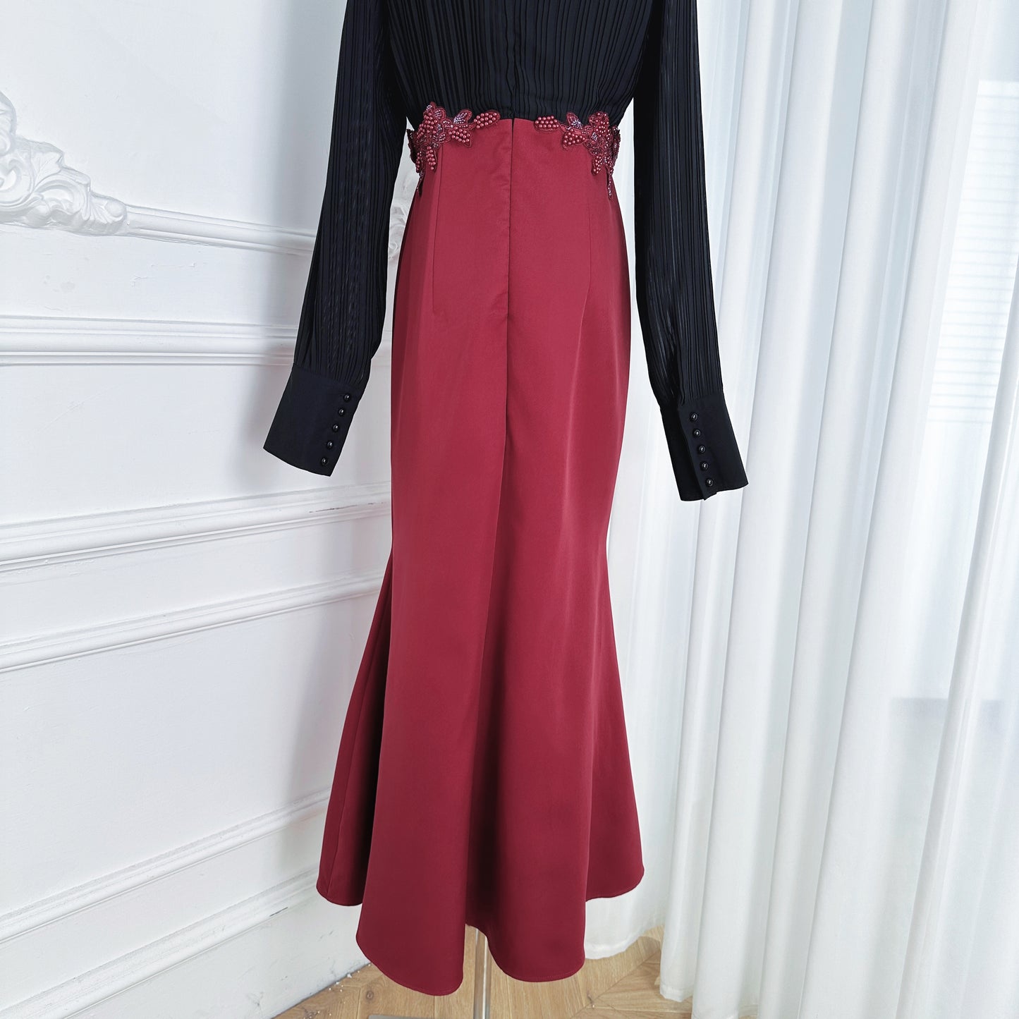Women's Tie Neck Pleated Shirts Bodycon Fishtail Dress - LAI MENG FIVE CATS