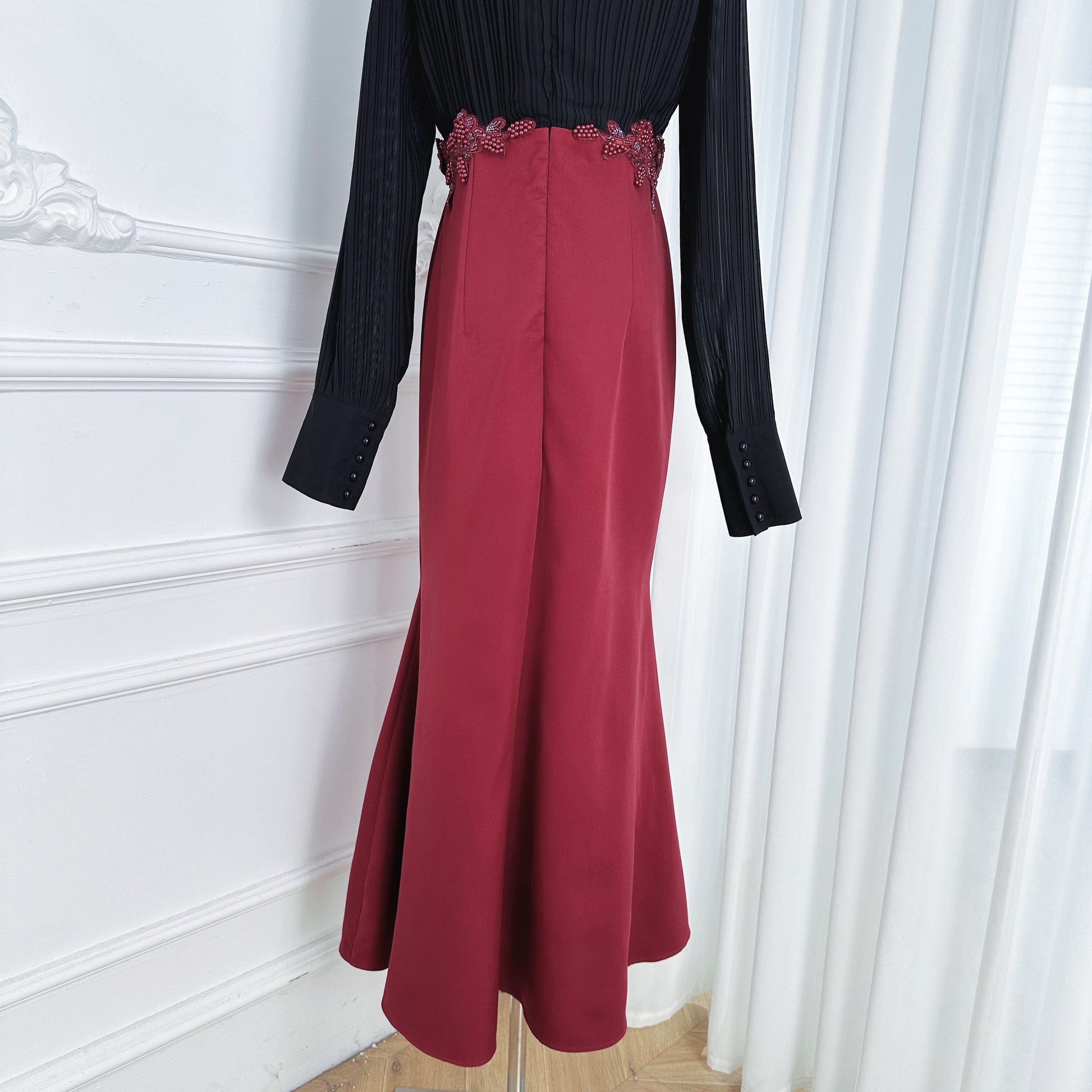 Women's Tie Neck Pleated Shirts Bodycon Fishtail Dress - LAI MENG FIVE CATS