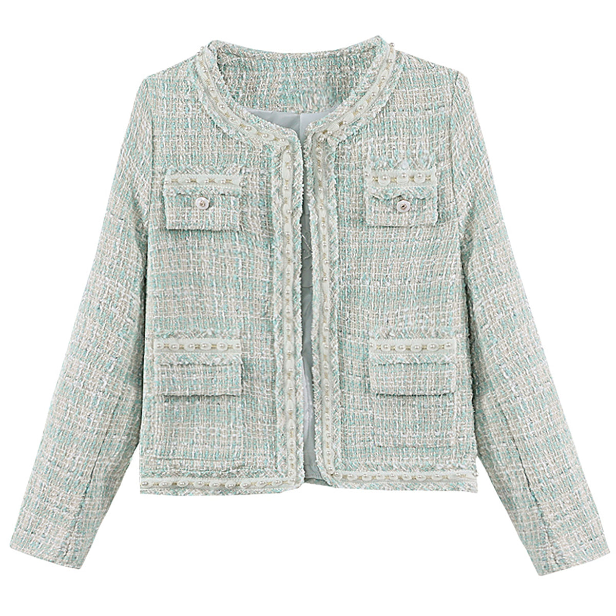 28705 Mint Blue Pearl-Trim Tweed Jacket
