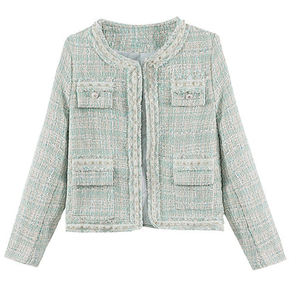 28705 Mint Blue Pearl-Trim Tweed Jacket
