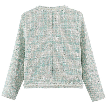 28705 Mint Blue Pearl-Trim Tweed Jacket