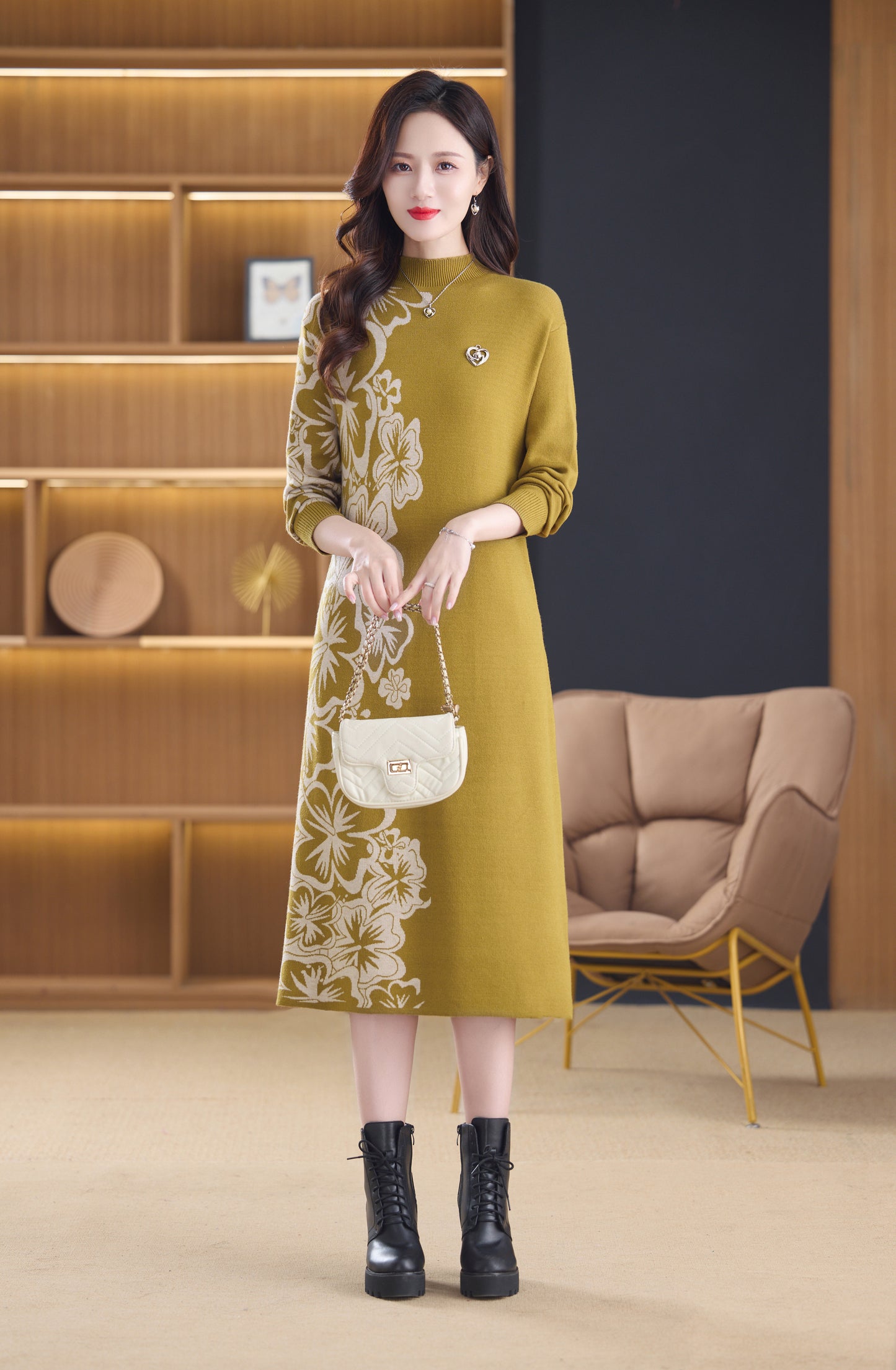 Women's Long Sleeve Stretch Sweater Knit Midi Dress
