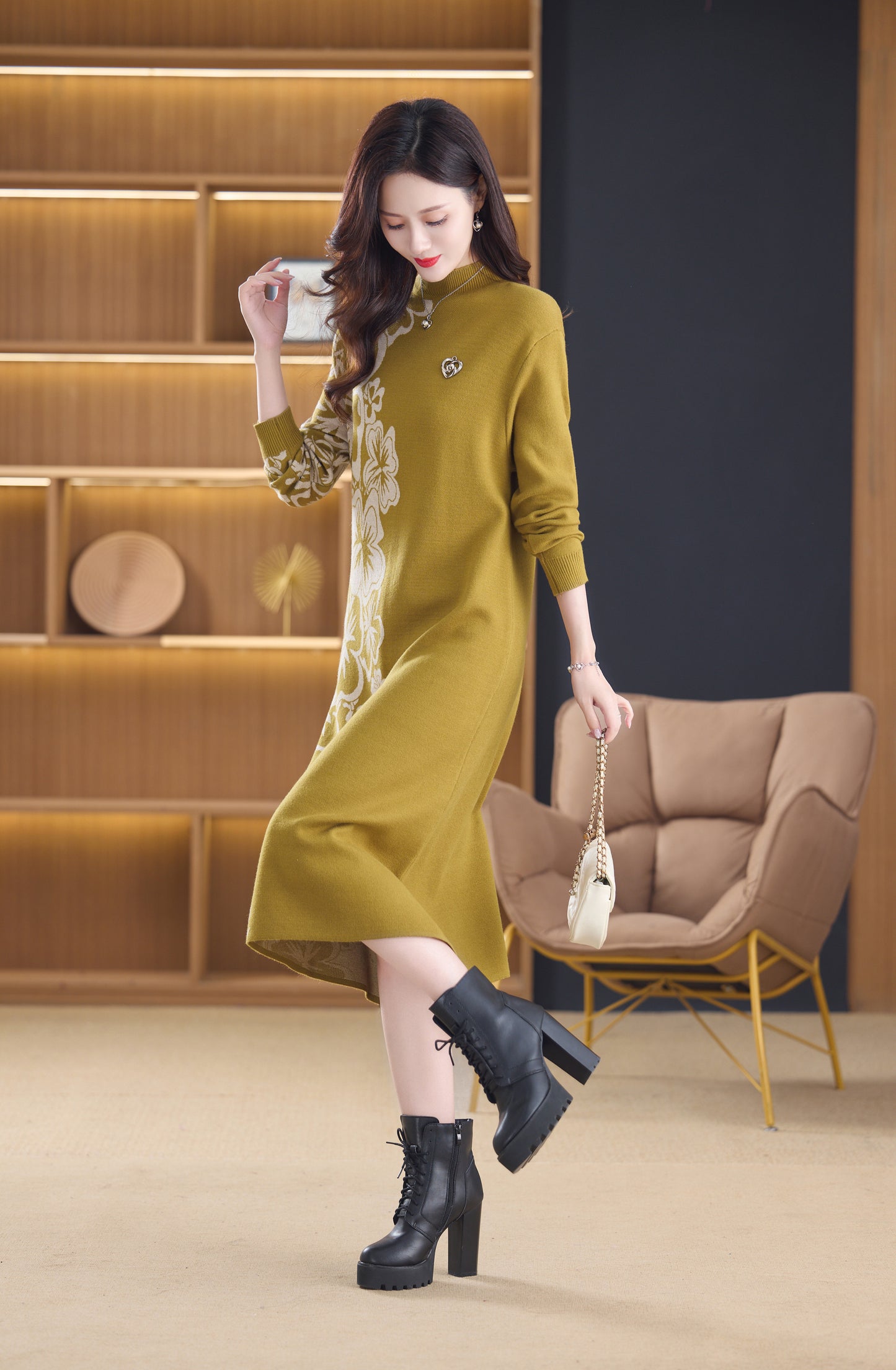 Women's Long Sleeve Stretch Sweater Knit Midi Dress