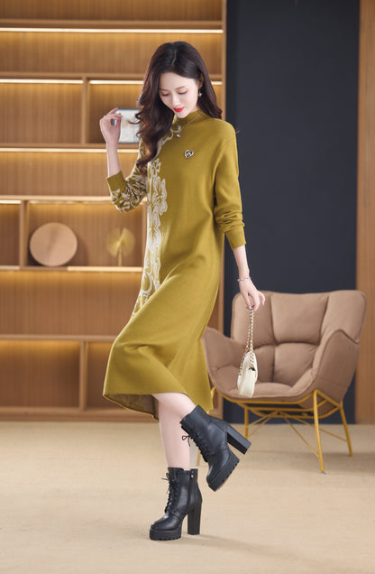 Women's Long Sleeve Stretch Sweater Knit Midi Dress