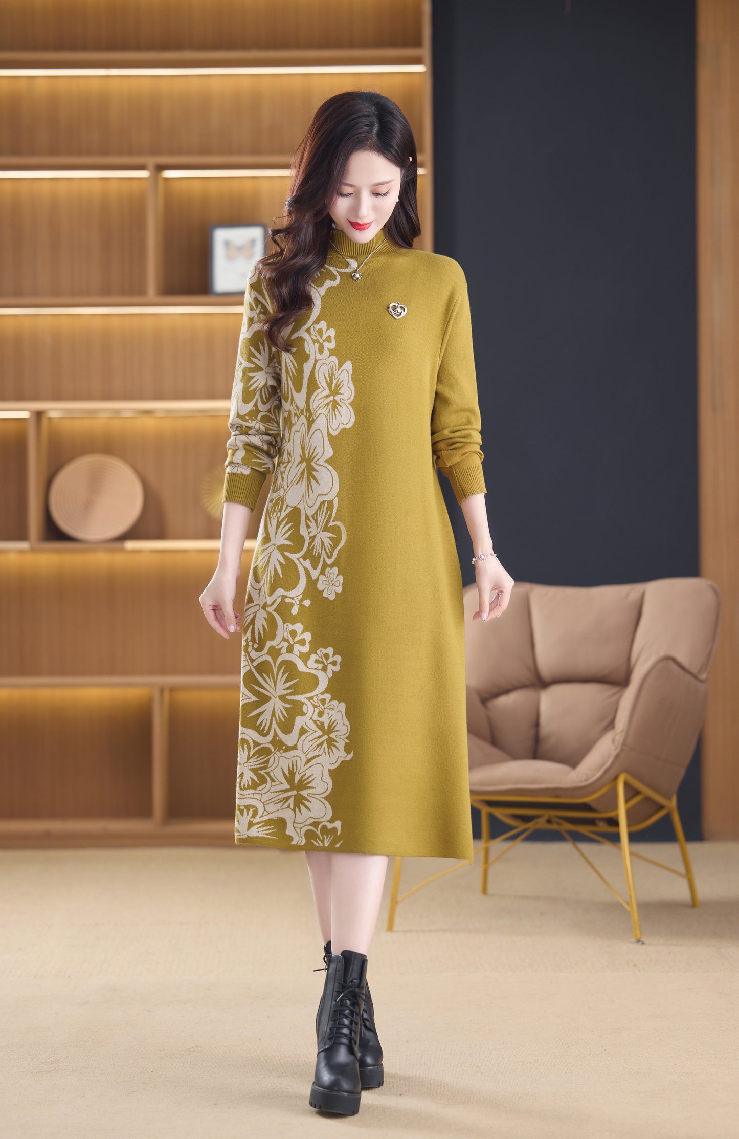 Women's Long Sleeve Stretch Sweater Knit Midi Dress