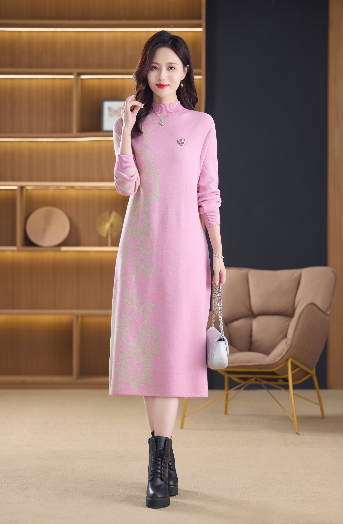 Women's Long Sleeve Stretch Sweater Knit Midi Dress
