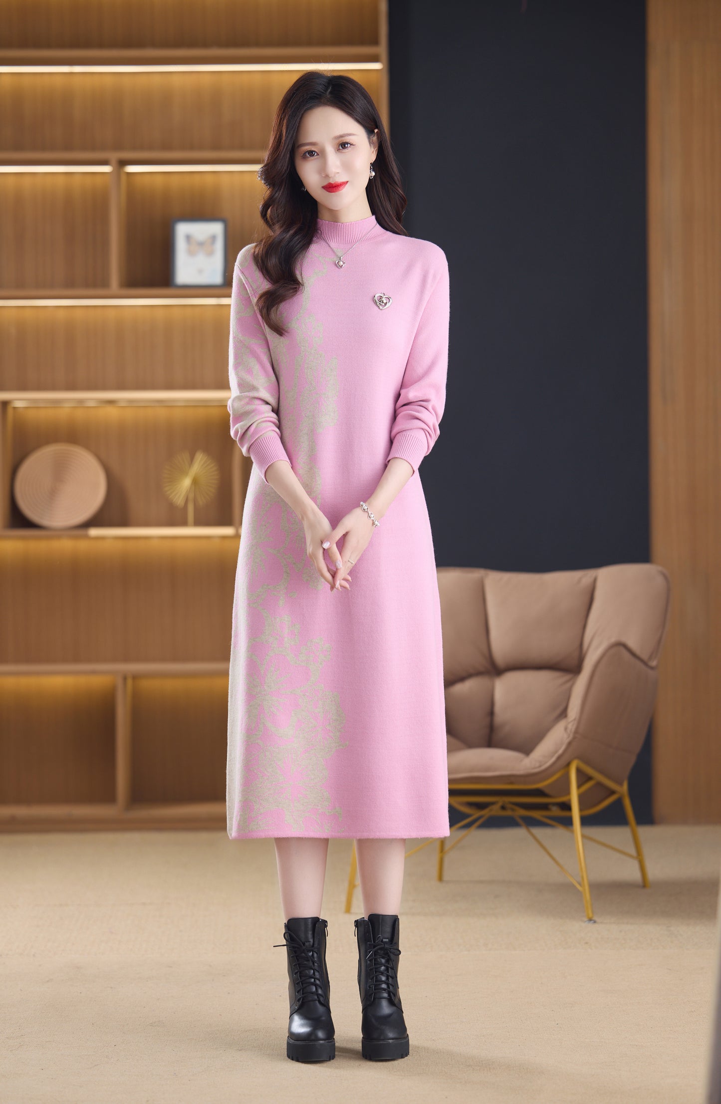 Women's Long Sleeve Stretch Sweater Knit Midi Dress