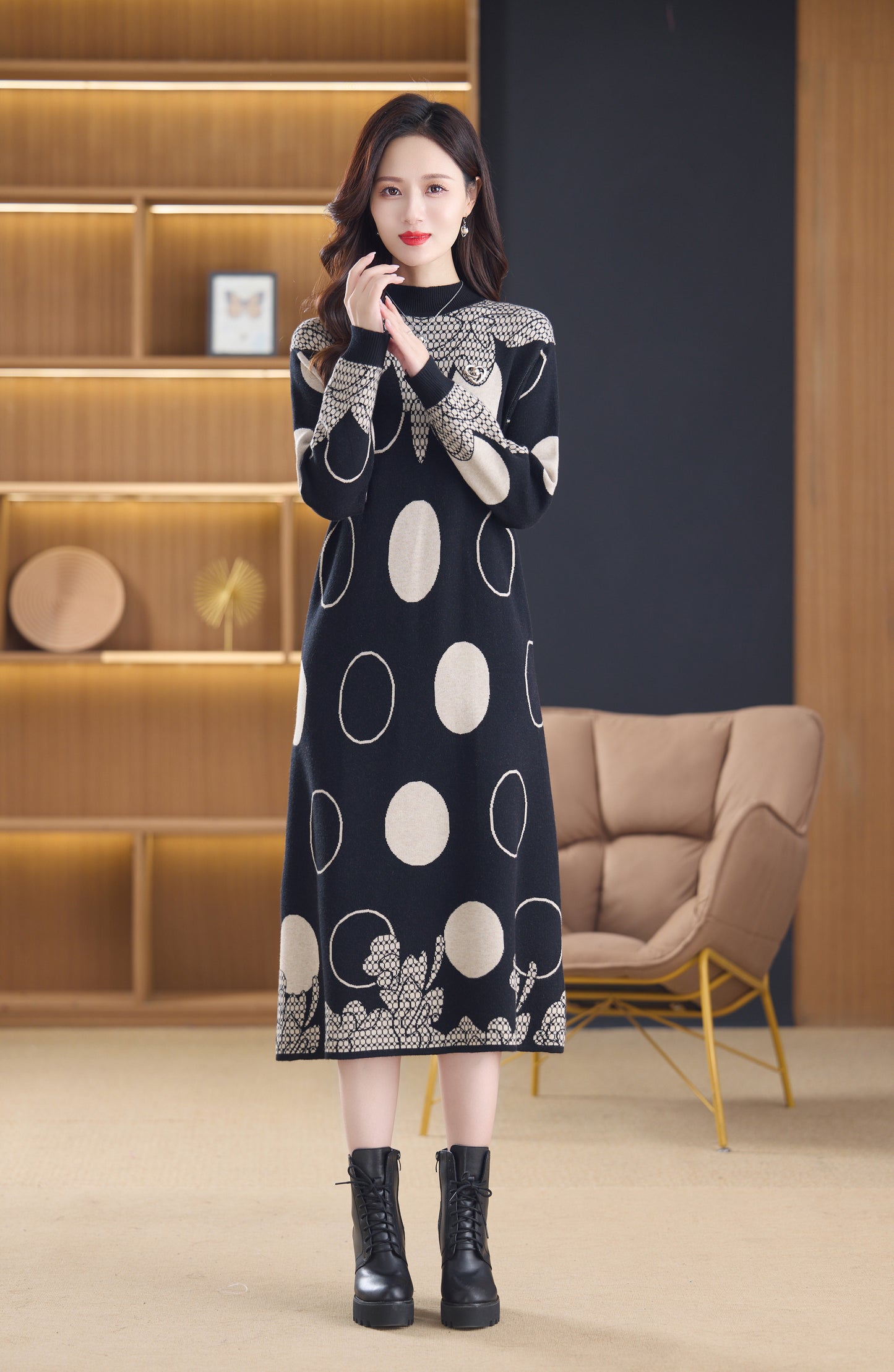 Women's Long Sleeve Stretch Sweater Knit Midi Dress