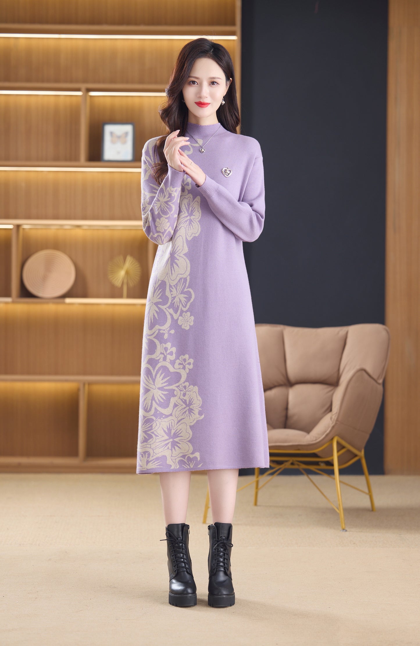 Women's Long Sleeve Stretch Sweater Knit Midi Dress