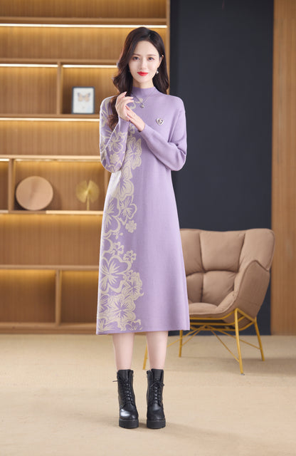 Women's Long Sleeve Stretch Sweater Knit Midi Dress