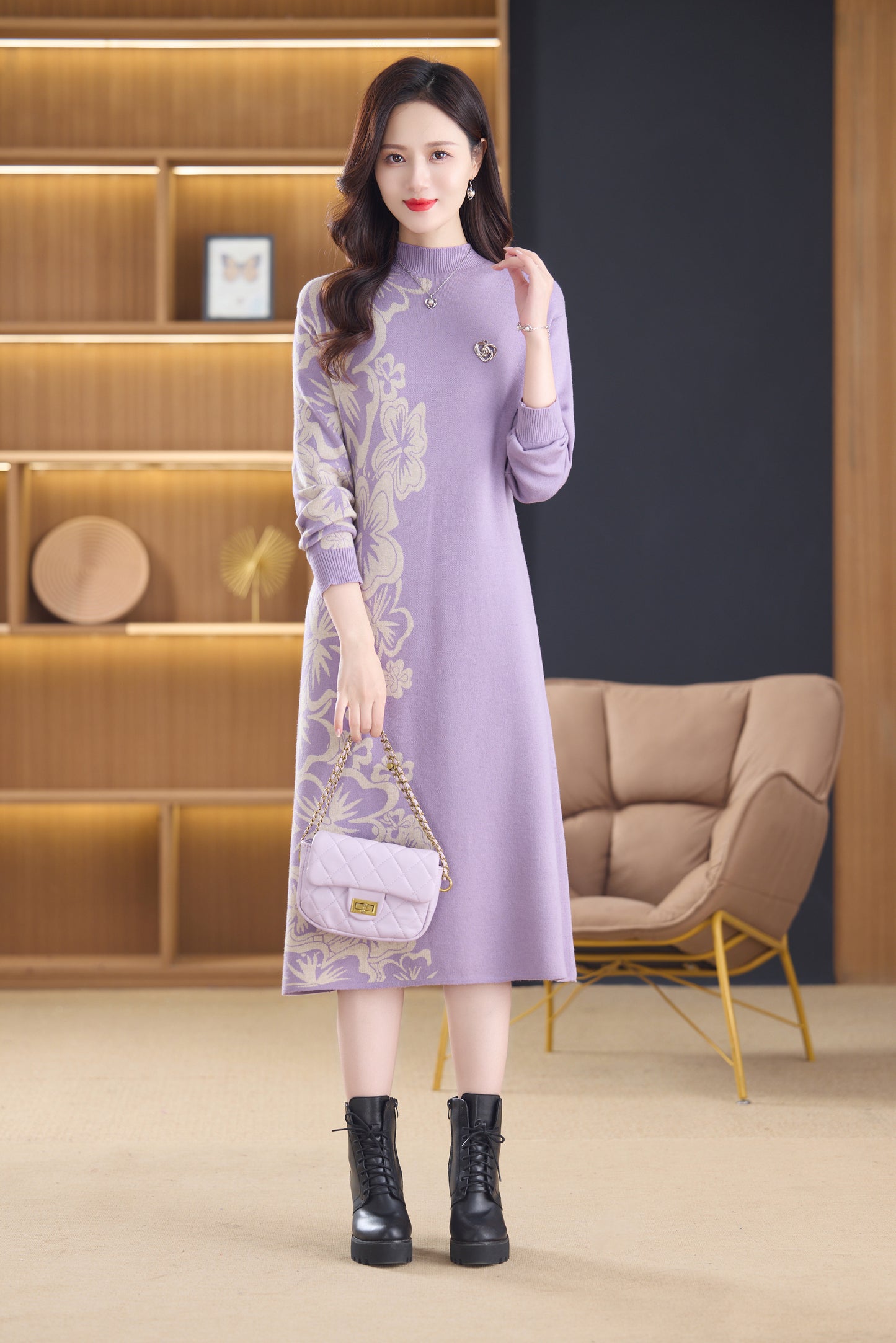 Women's Long Sleeve Stretch Sweater Knit Midi Dress