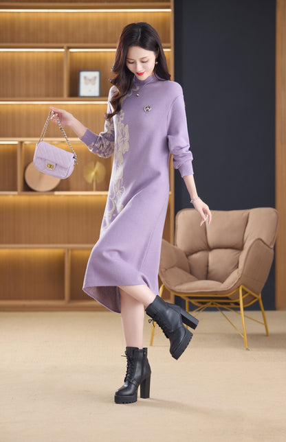 Women's Long Sleeve Stretch Sweater Knit Midi Dress