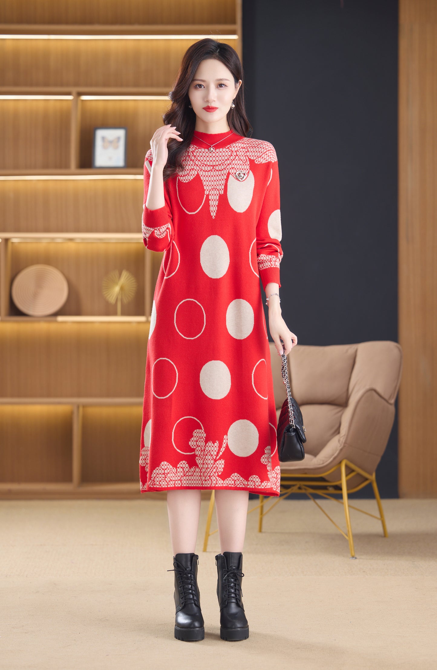 Women's Long Sleeve Stretch Sweater Knit Midi Dress