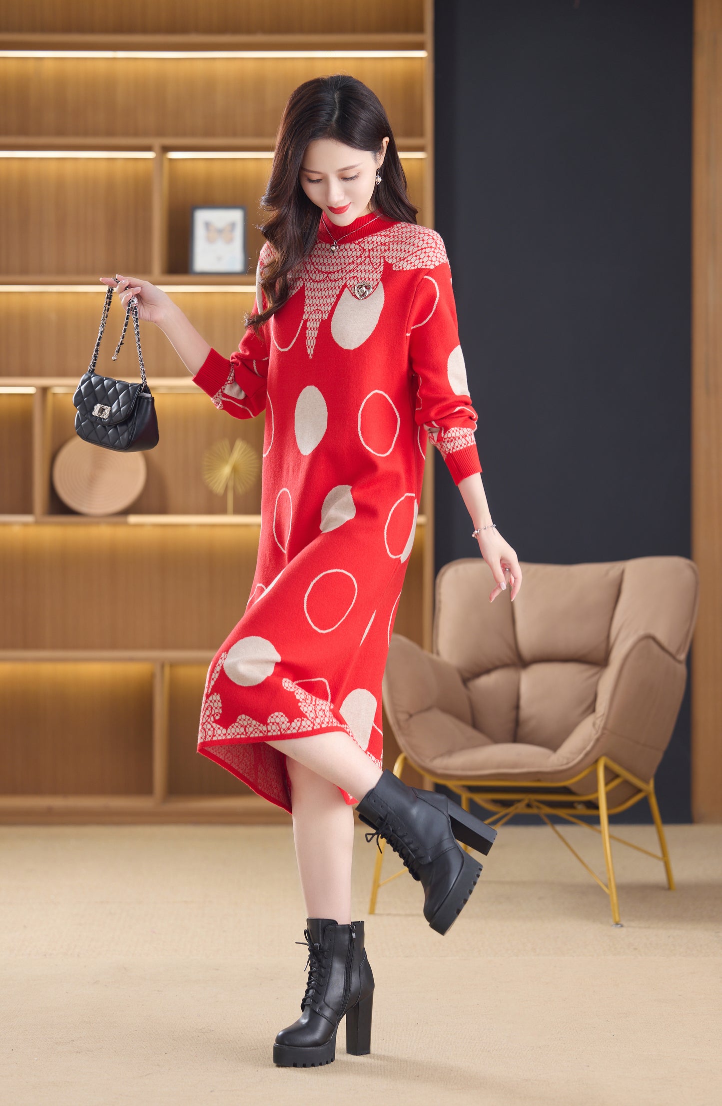 Women's Long Sleeve Stretch Sweater Knit Midi Dress