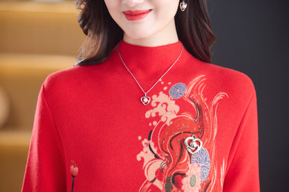 Women's Turtleneck Sweater Long Sleeve Red Dress