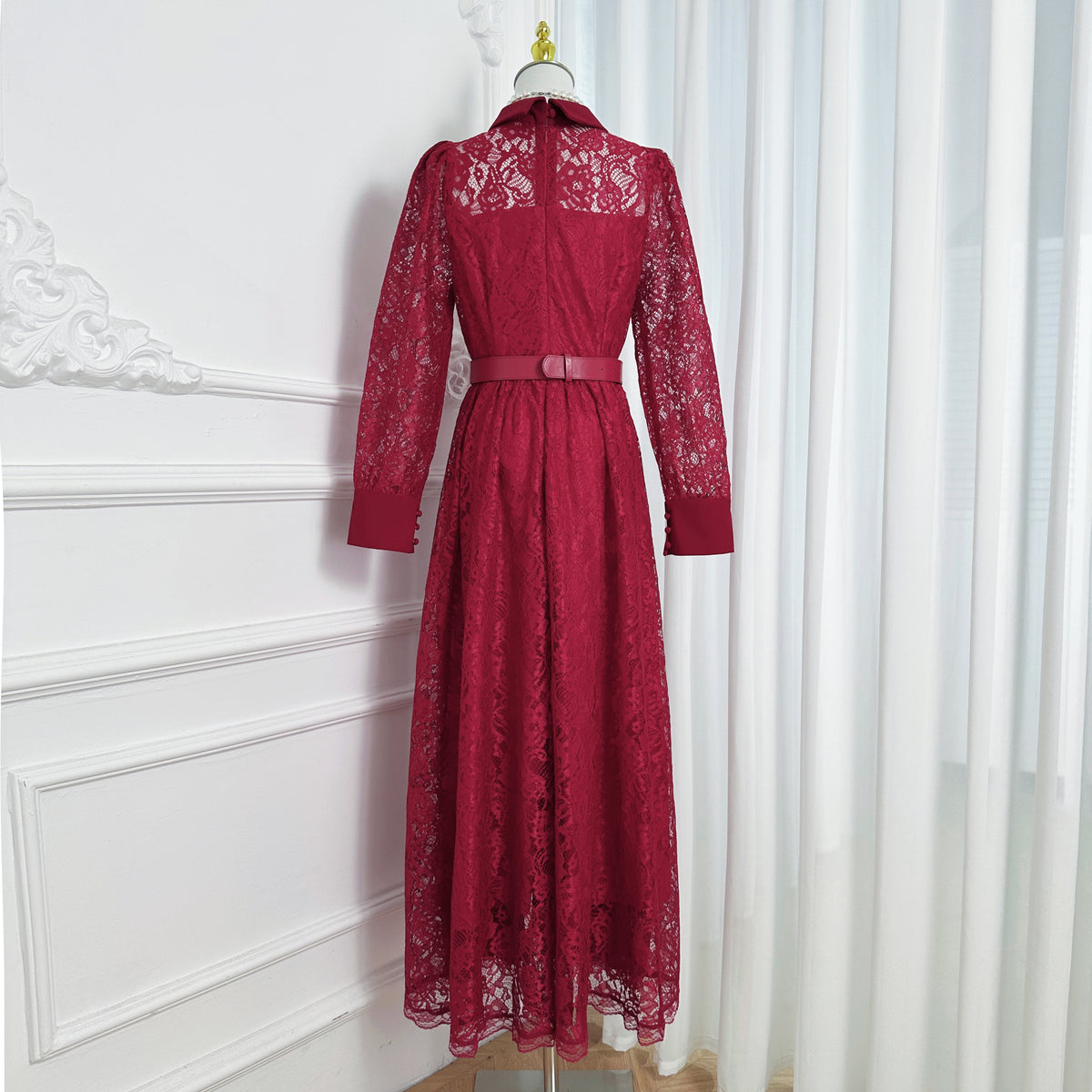 Lace & Chiffon Maxi Dress – Elegant Long Sleeve Dress with Crystal Belt