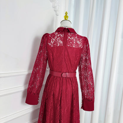 Lace & Chiffon Maxi Dress – Elegant Long Sleeve Dress with Crystal Belt