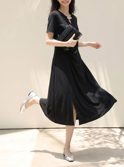 Black Ruched Side Slit Midi Dress with Gold Detail