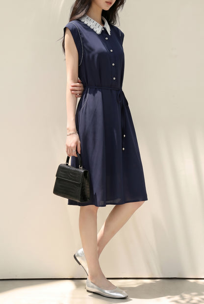 Navy Lace Collar Shirt Midi Dress with Pockets