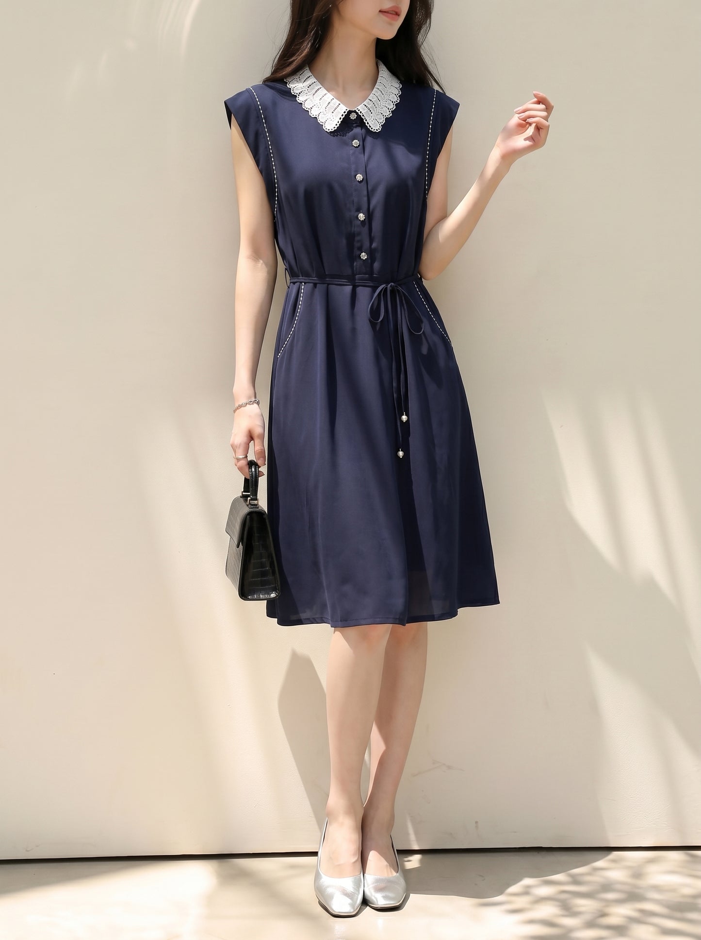Navy Lace Collar Shirt Midi Dress with Pockets