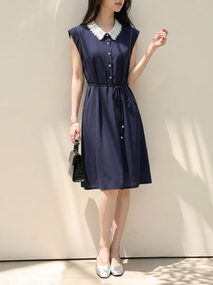 Navy Lace Collar Shirt Midi Dress with Pockets