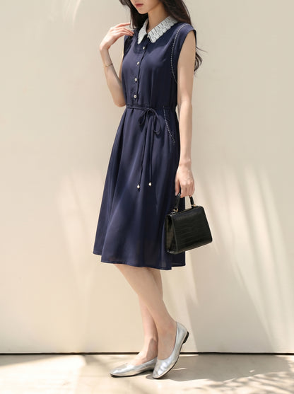Navy Lace Collar Shirt Midi Dress with Pockets