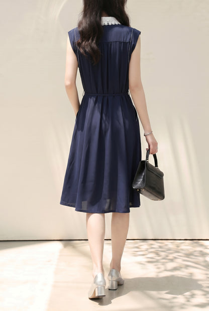 Navy Lace Collar Shirt Midi Dress with Pockets