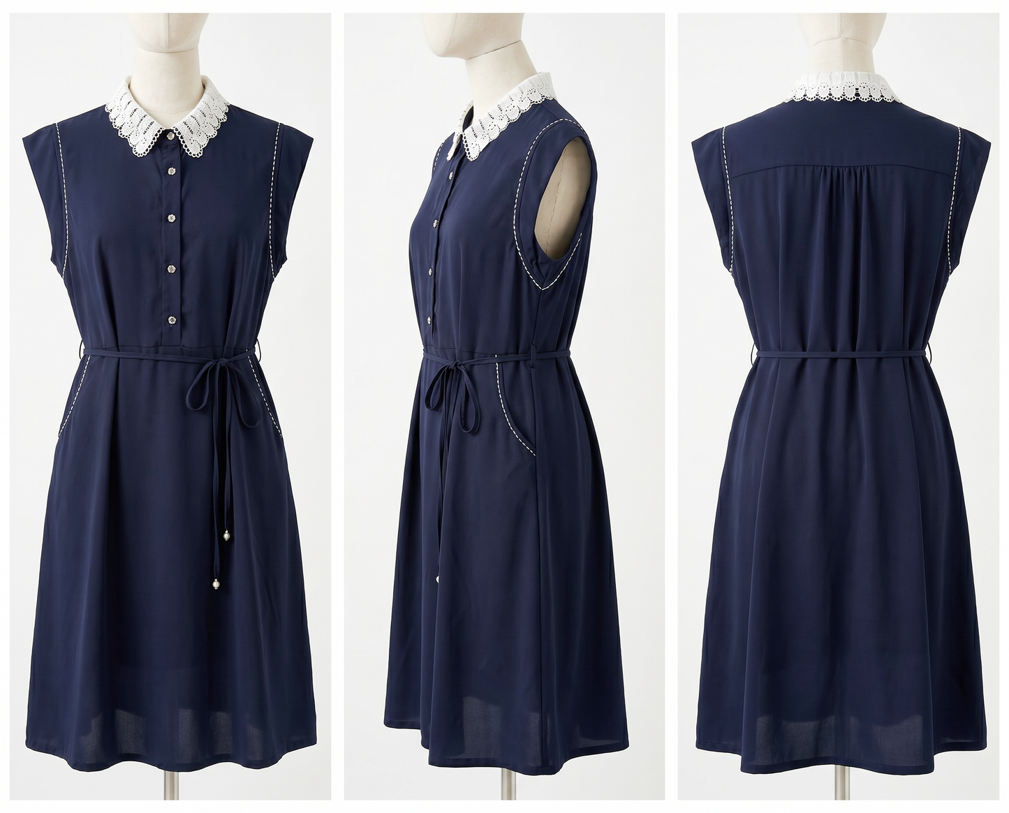 Navy Lace Collar Shirt Midi Dress with Pockets