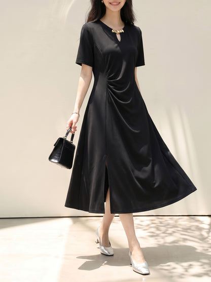 Black Ruched Side Slit Midi Dress with Gold Detail