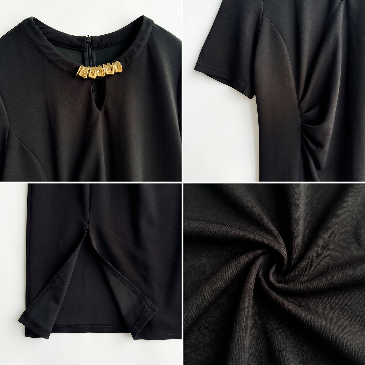 Black Ruched Side Slit Midi Dress with Gold Detail