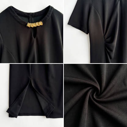 Black Ruched Side Slit Midi Dress with Gold Detail
