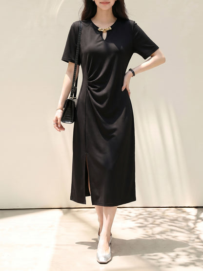Black Ruched Side Slit Midi Dress with Gold Detail