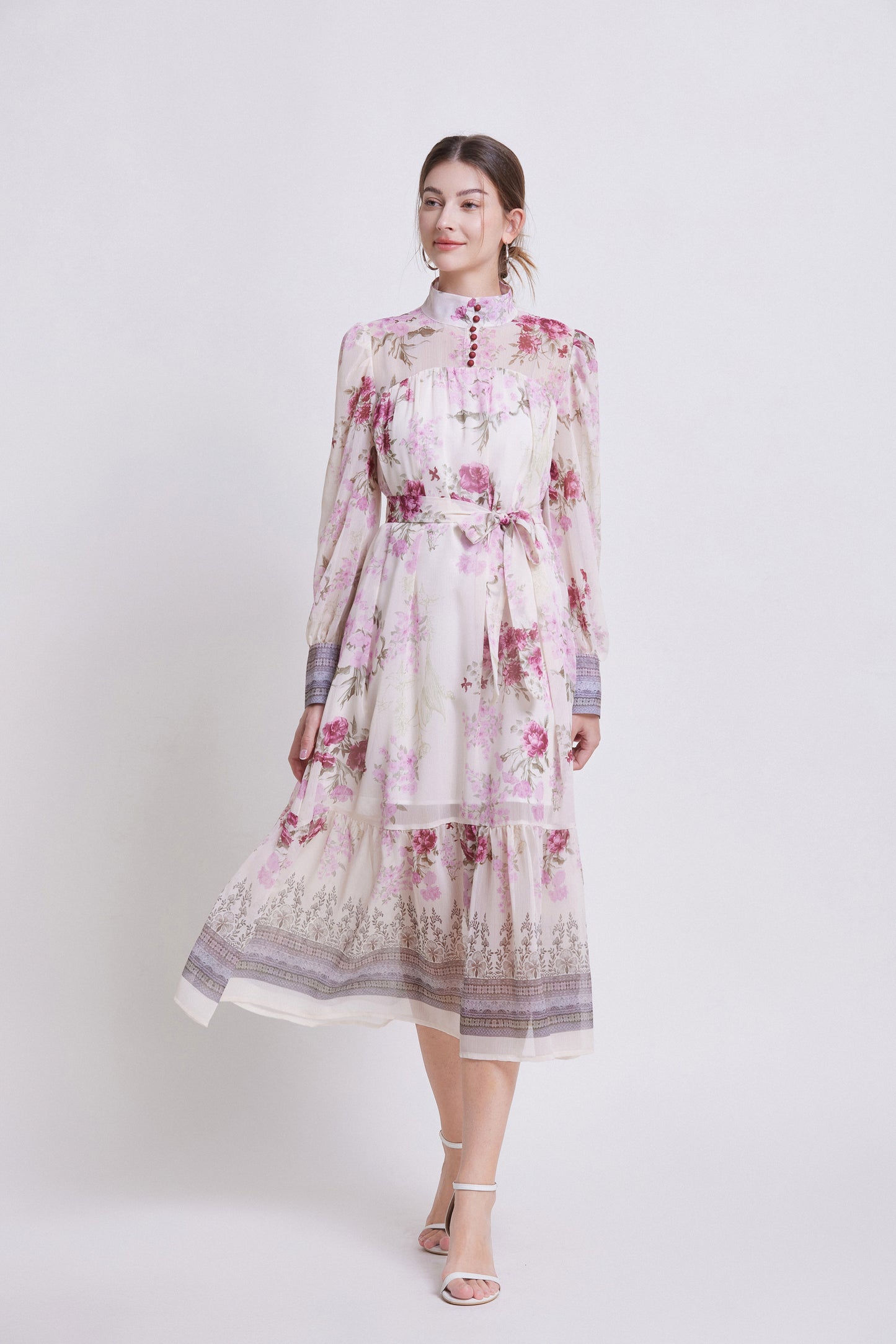 Women's Chiifon Floral Print Lantern Sleeve Midi Dress