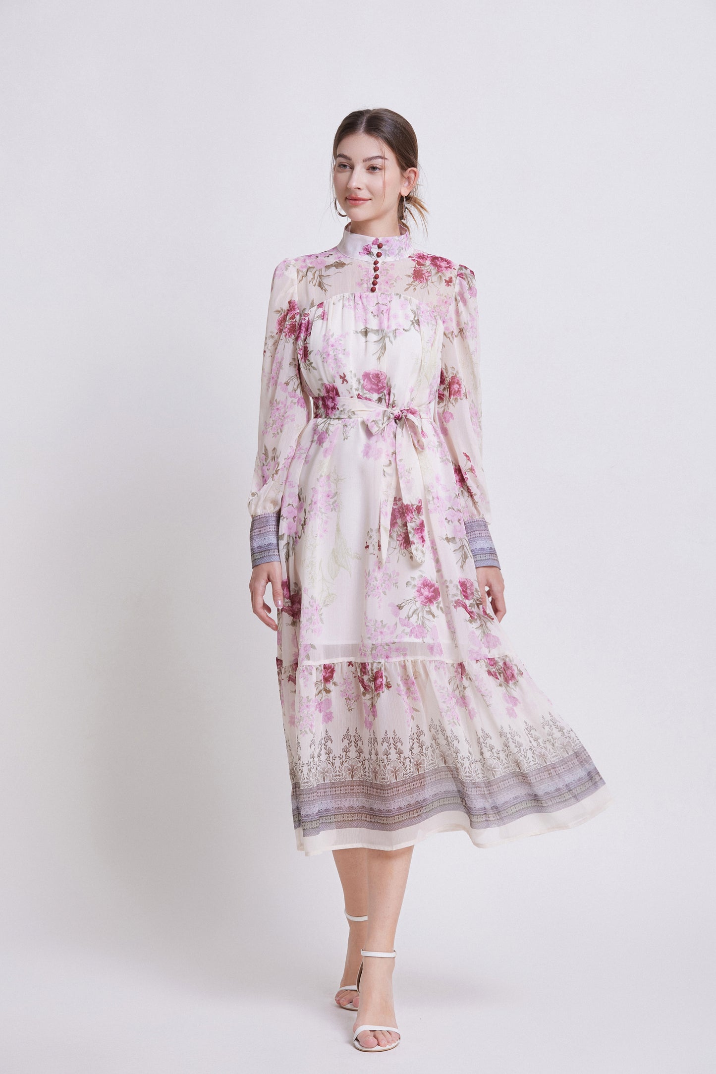 Women's Chiifon Floral Print Lantern Sleeve Midi Dress