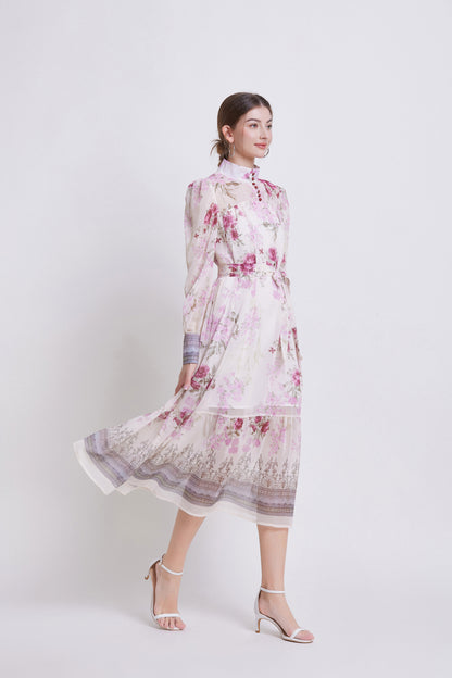 Women's Chiifon Floral Print Lantern Sleeve Midi Dress