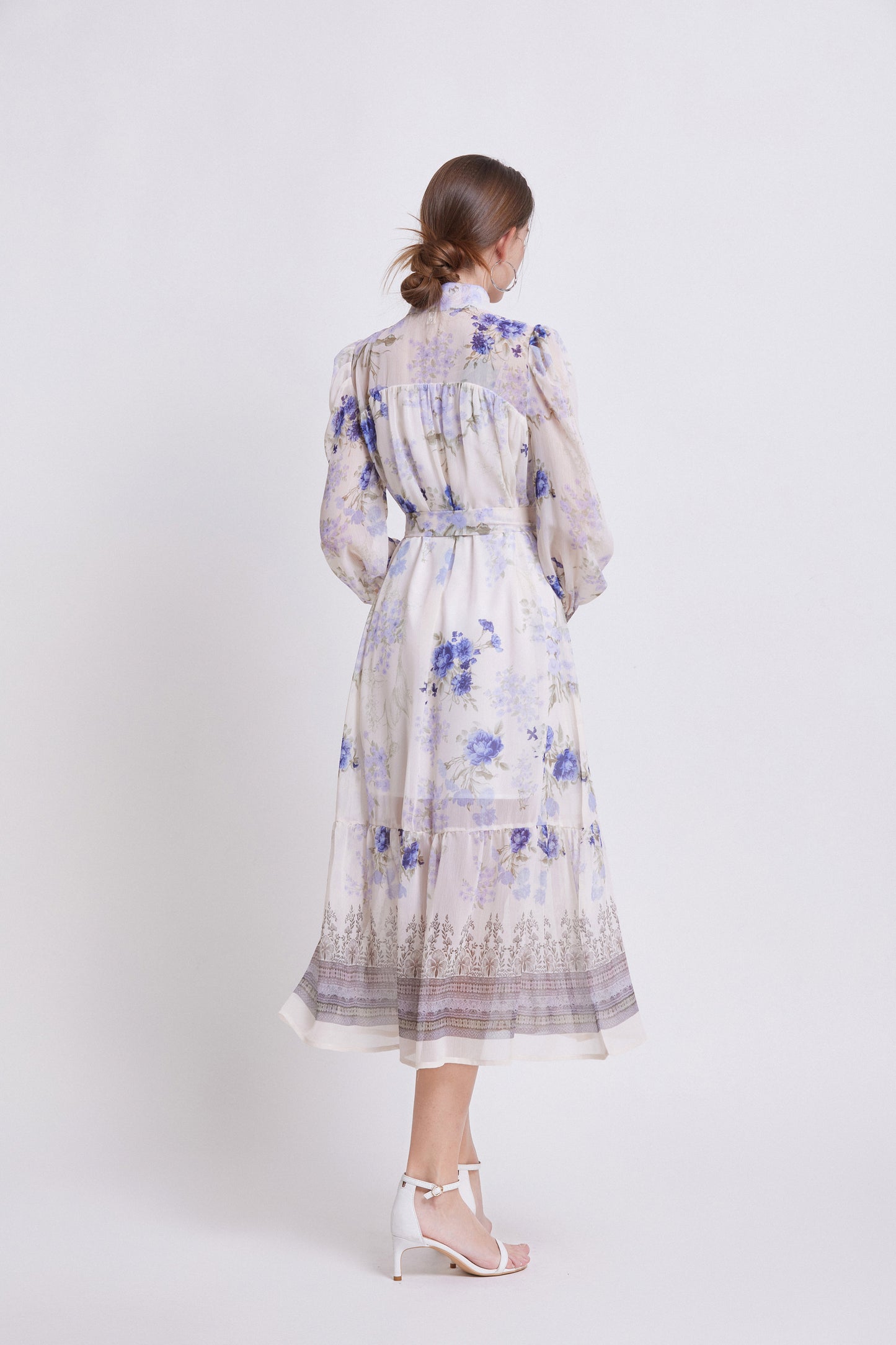 Women's Chiifon Floral Print Lantern Sleeve Midi Dress