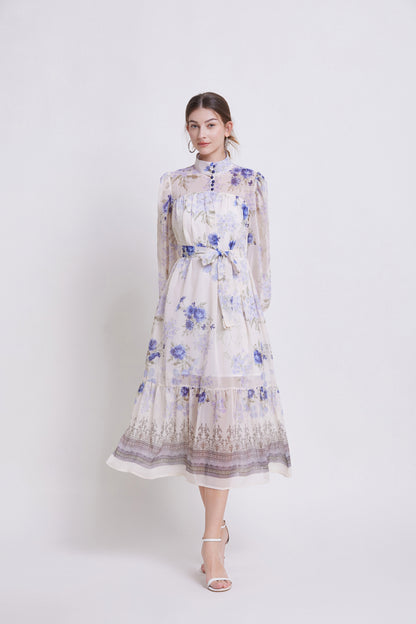 Women's Chiifon Floral Print Lantern Sleeve Midi Dress